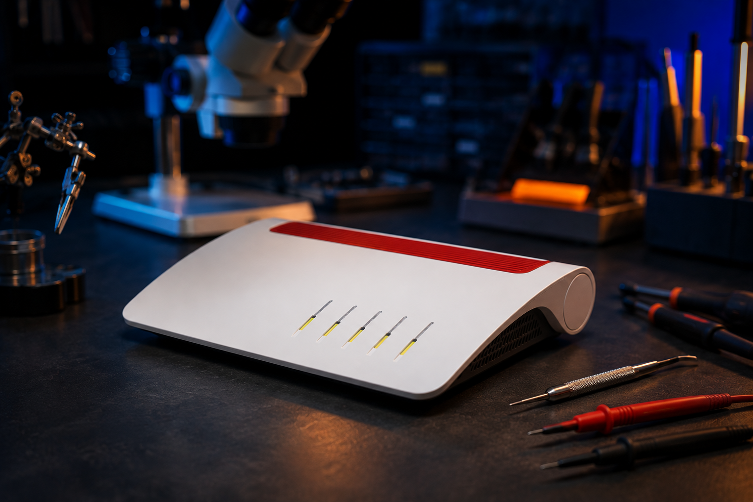 AVM FritzBox 7590 auf der Werkbank in der Reparaturwerkstatt – Fehlerdiagnose