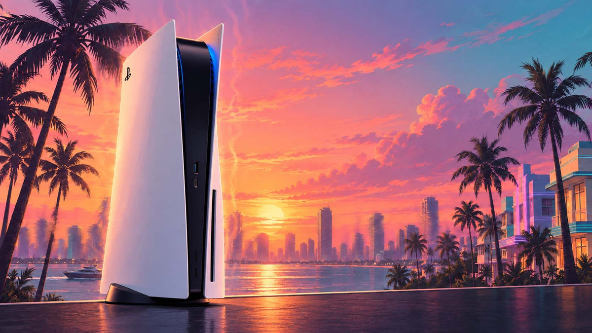 GTA 6 Sonnenuntergang Miami-Skyline mit PS5 im Vordergrund
