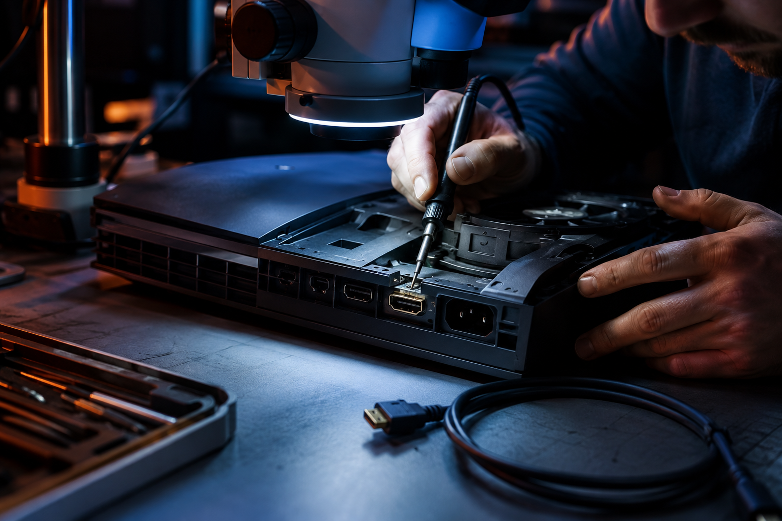 HDMI Reparatur an einer Spielkonsole – Techniker lötet den HDMI-Port unter dem Mikroskop
