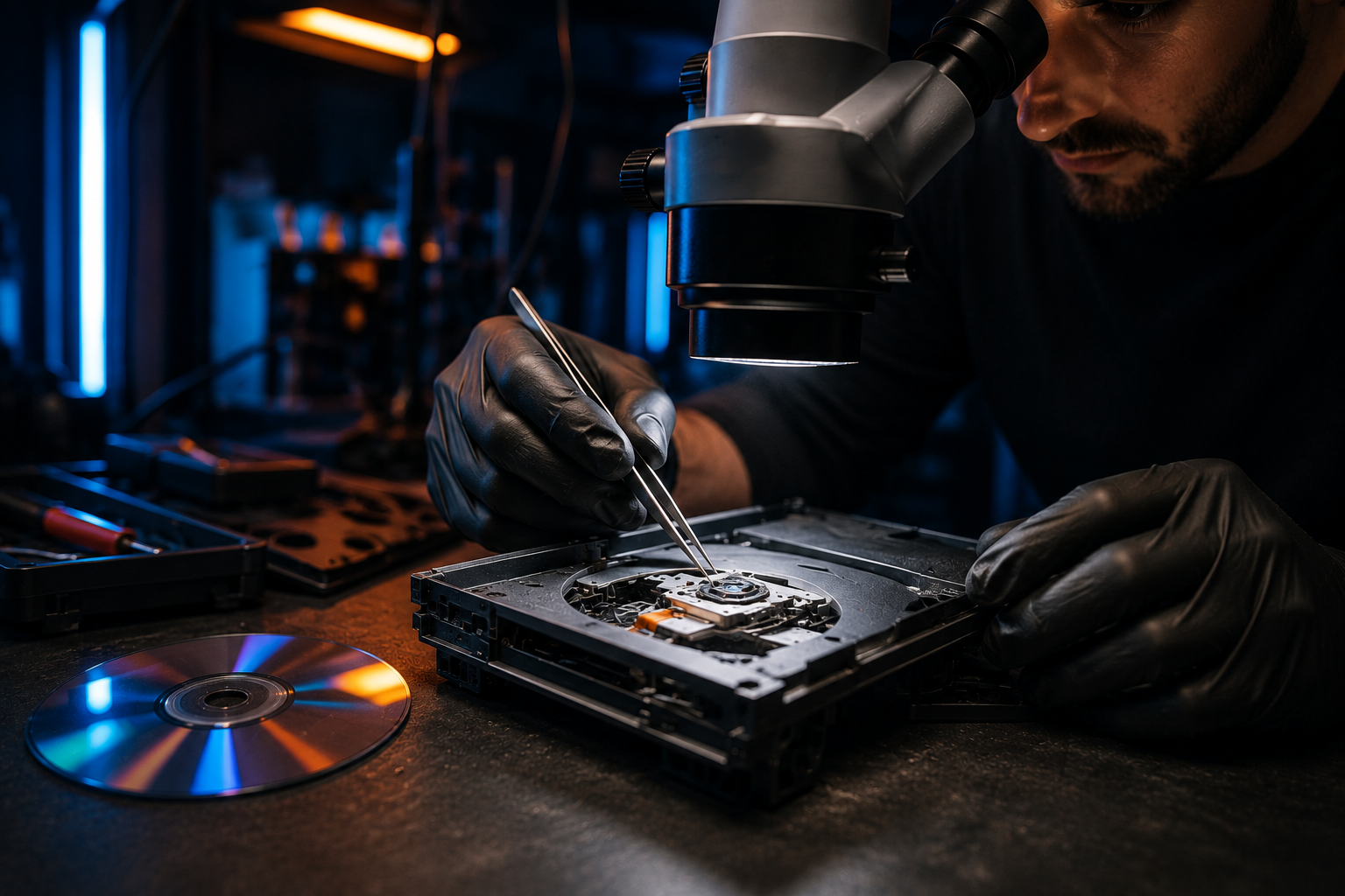 Laser und Laufwerk Reparatur – Techniker repariert das Blu-ray-Laufwerk einer Spielkonsole