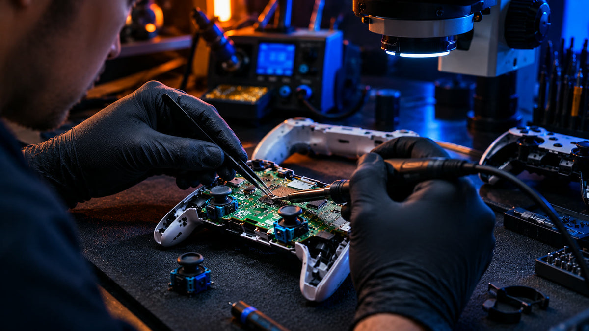 PS5 Controller Reparatur – geöffneter Controller mit Analogstick-Modul auf der Werkbank