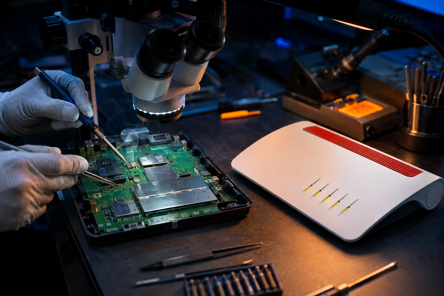 FritzBox Reparatur – Techniker beim Präzisions-Löten an der geöffneten FritzBox-Platine unter dem Mikroskop