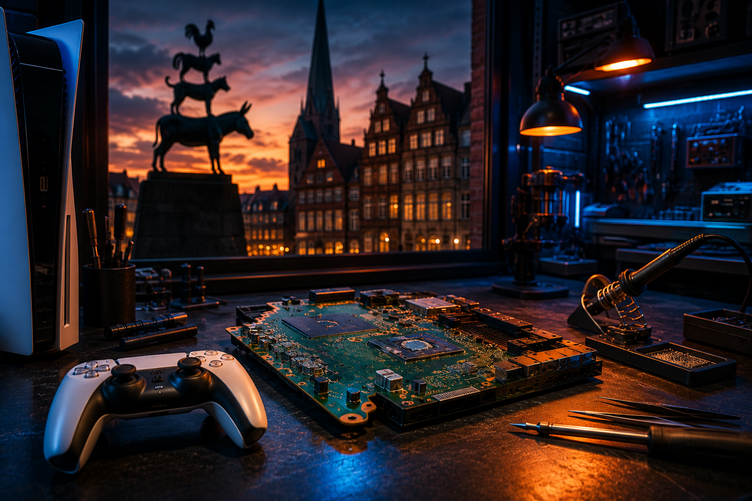 Konsolen-Reparatur Bremen – Werkstatt mit PS5 und Blick auf die Bremer Stadtmusikanten