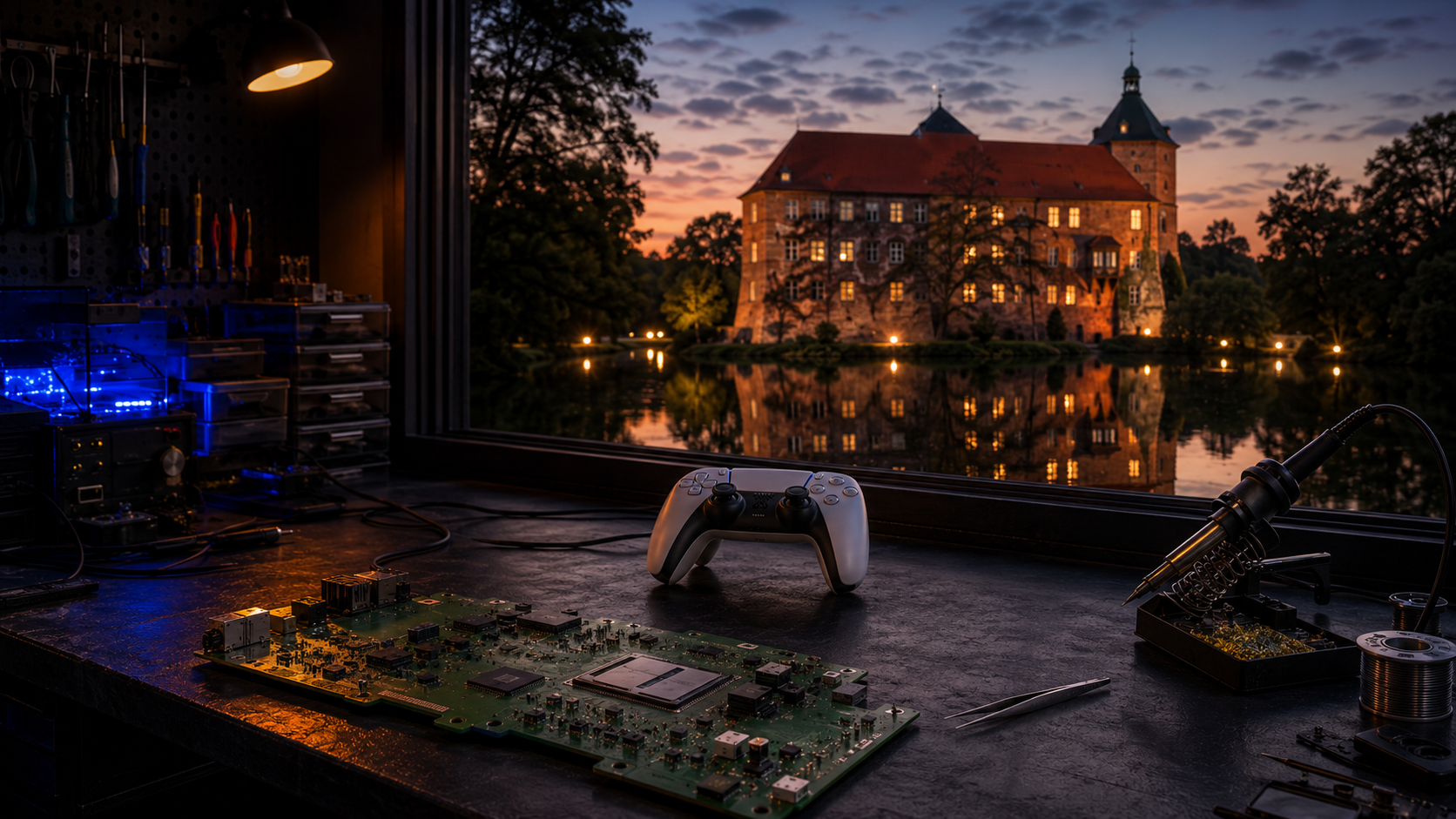 Konsolen-Reparatur Winsen (Luhe) – PS5-Platinen-Reparatur mit Blick auf das Schloss Winsen