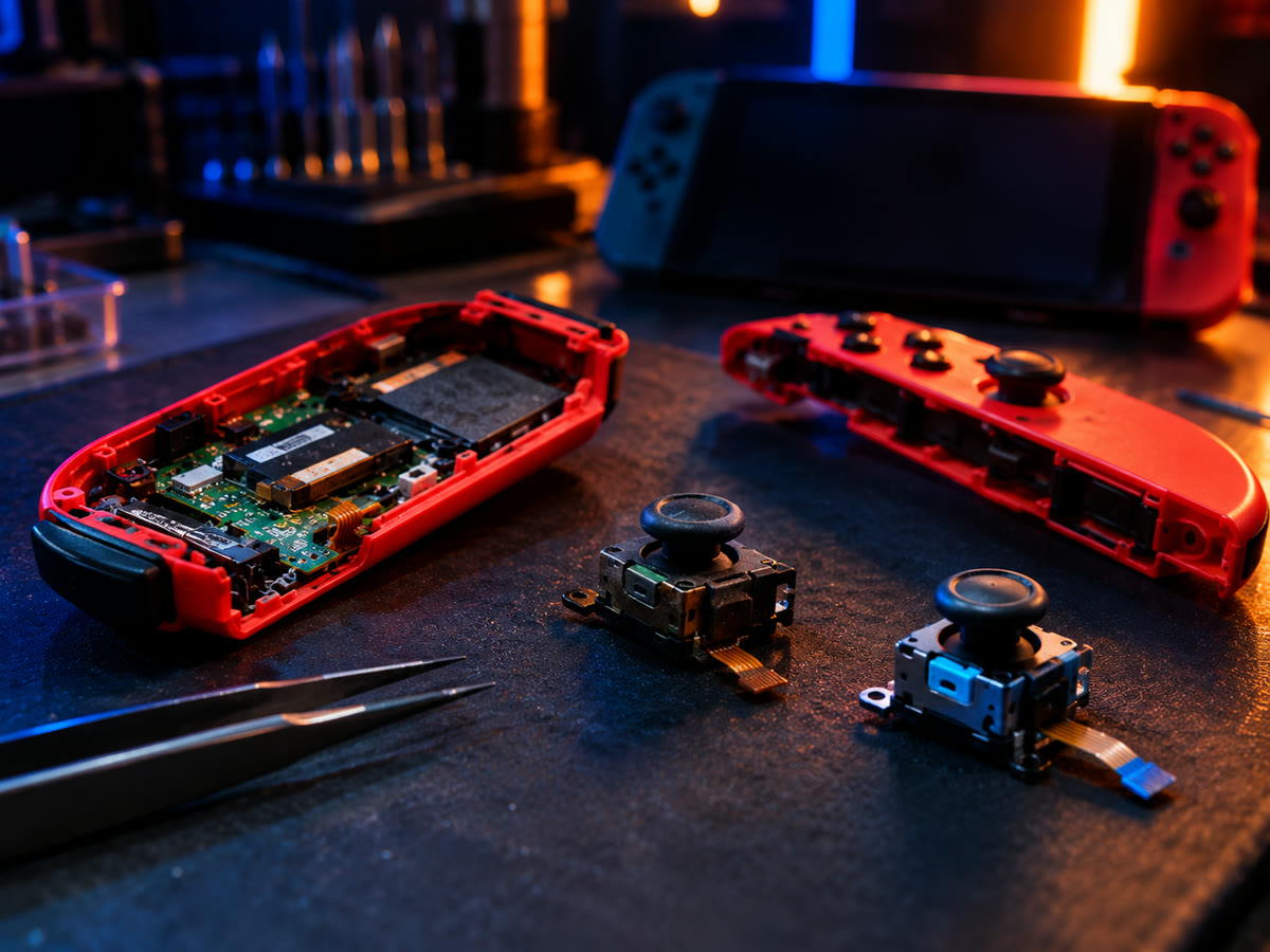 Joy-Con Drift Reparatur – geöffneter Joy-Con mit ausgebautem und neuem Analogstick