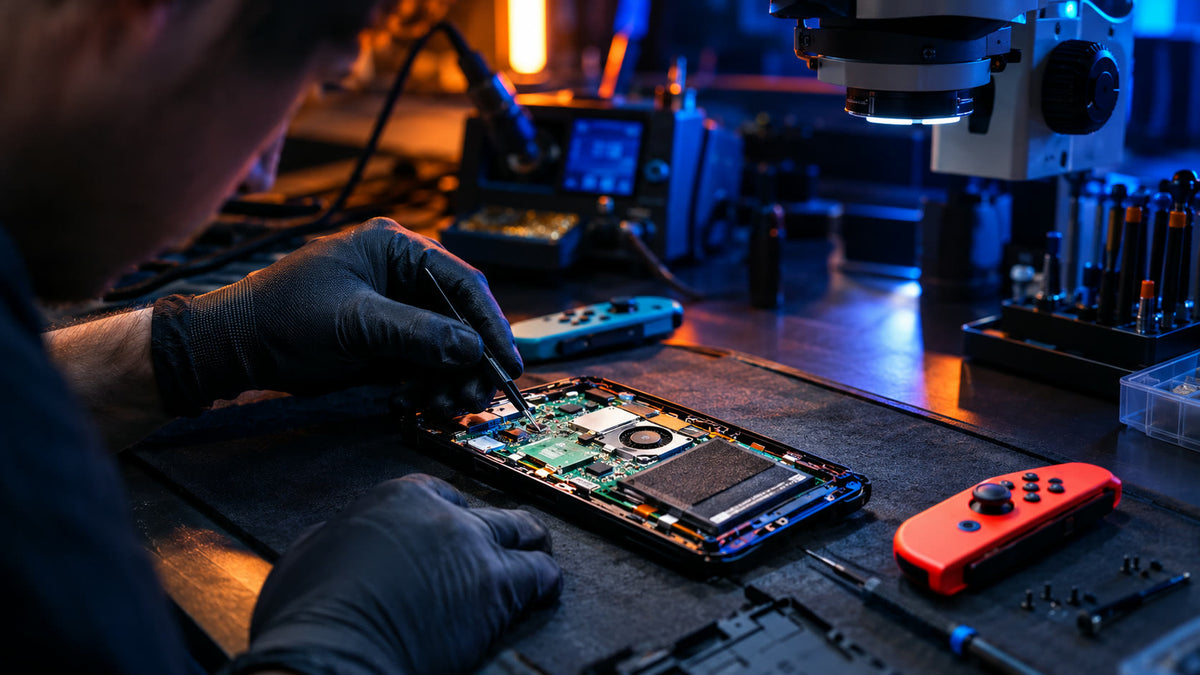 Nintendo Switch Reparatur in der Werkstatt – geöffnete Switch mit Platine und Joy-Cons